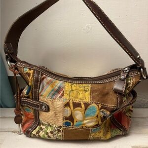 Patchwork Floral Canvas Shoulder Bag in Brown & Yellow